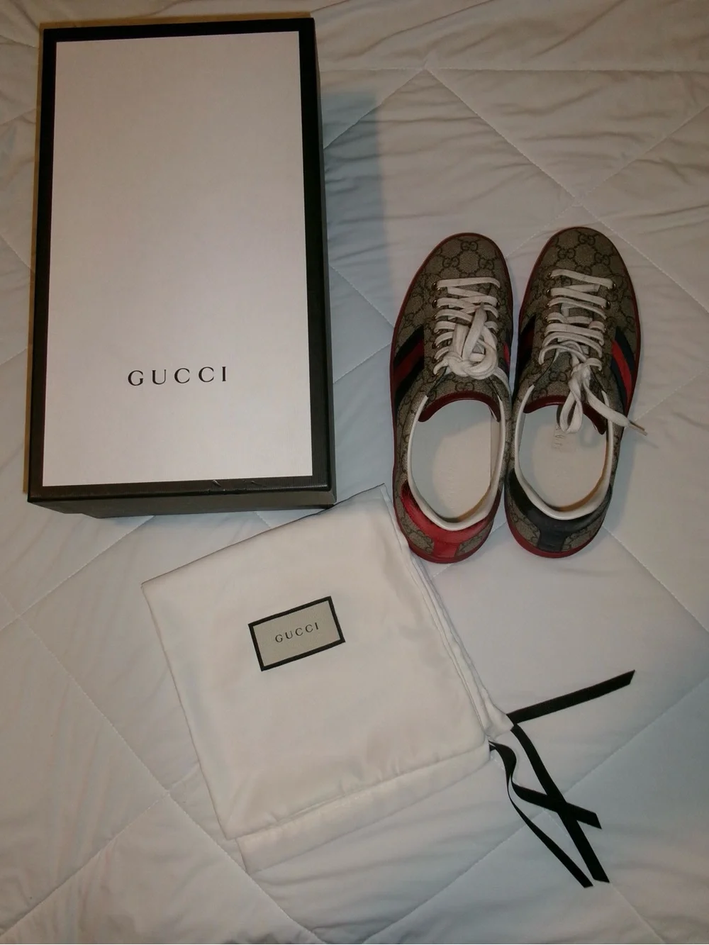 Gucci Brown Monogram Low-Top Sneakers with Red & Green Stripes